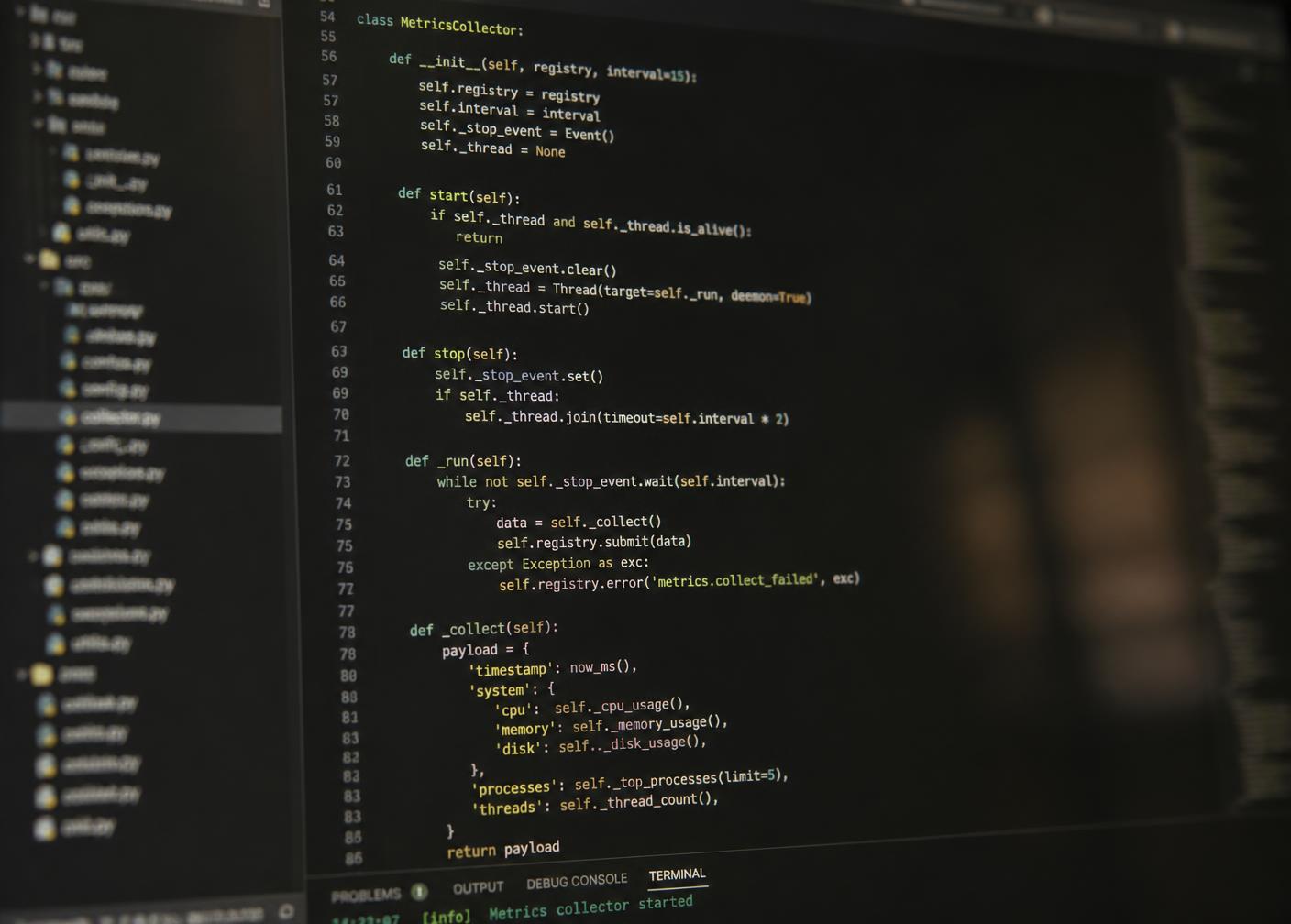A code editor on a dark screen showing a Python class with syntax highlighting